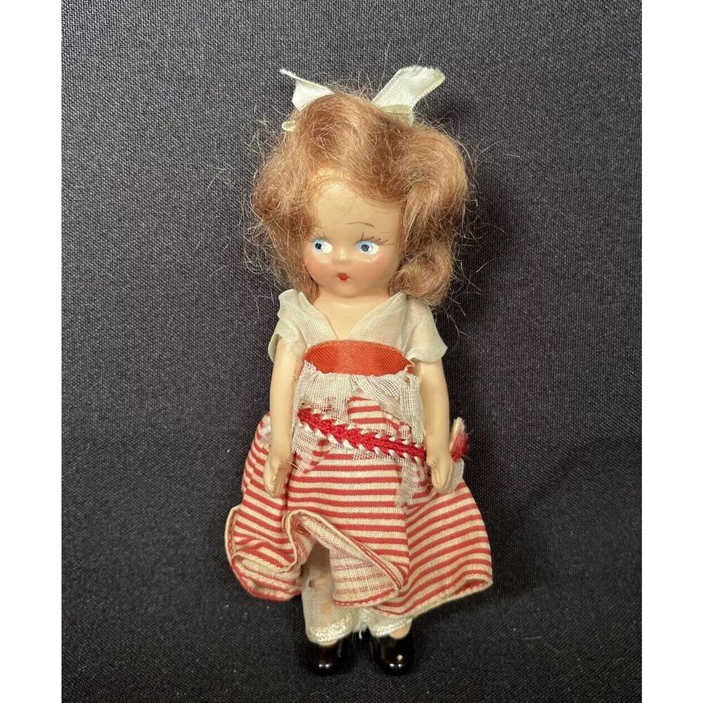 MAYFAIR Vintage Red/White Stripe Dress Frozen Leg Bisque Brown Hair Girl Doll